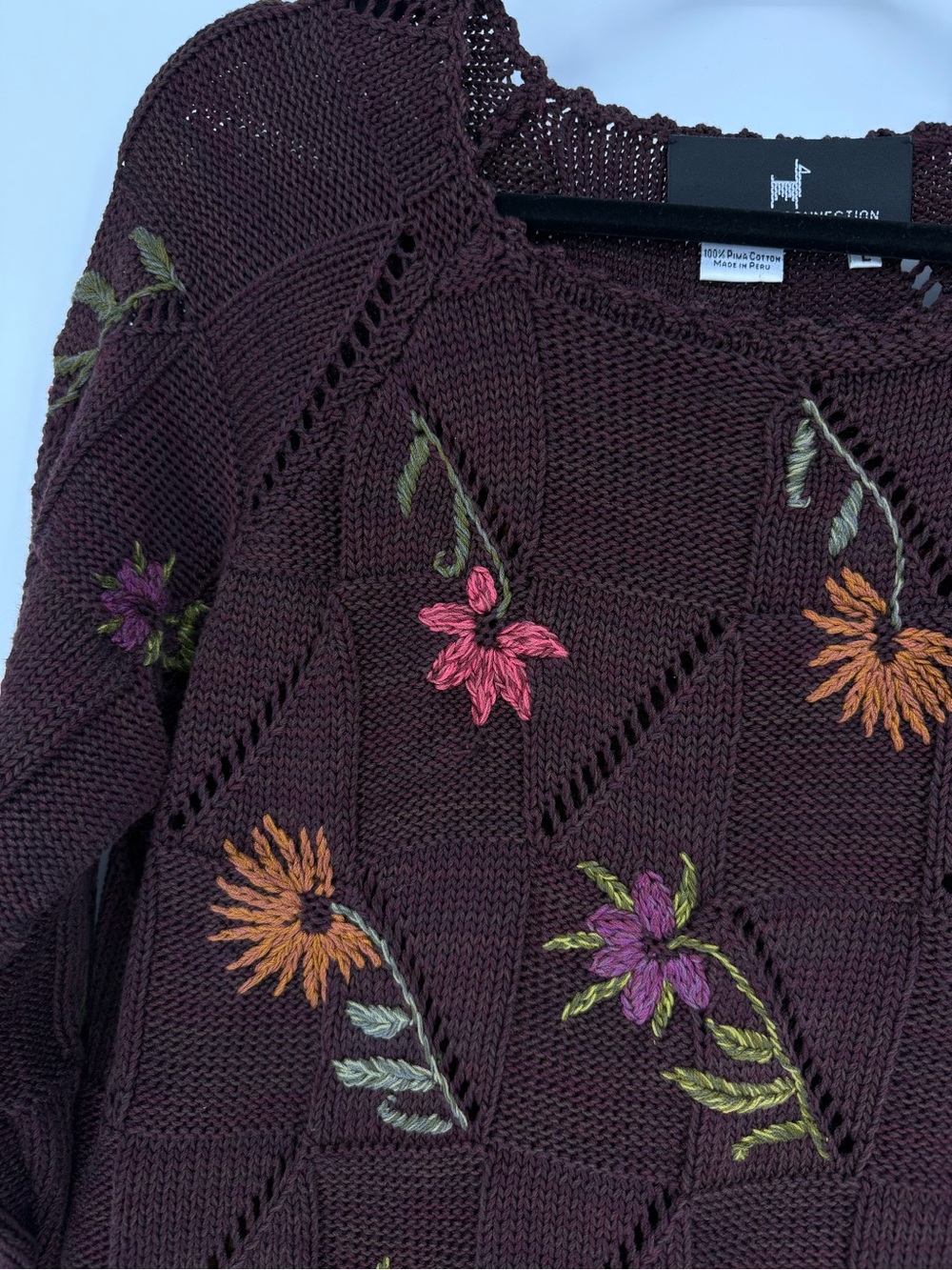 Peruvian Connection L Embroidered Pima Cotton Open Knit Floral Sweater Boho Art - Picture 3 of 14